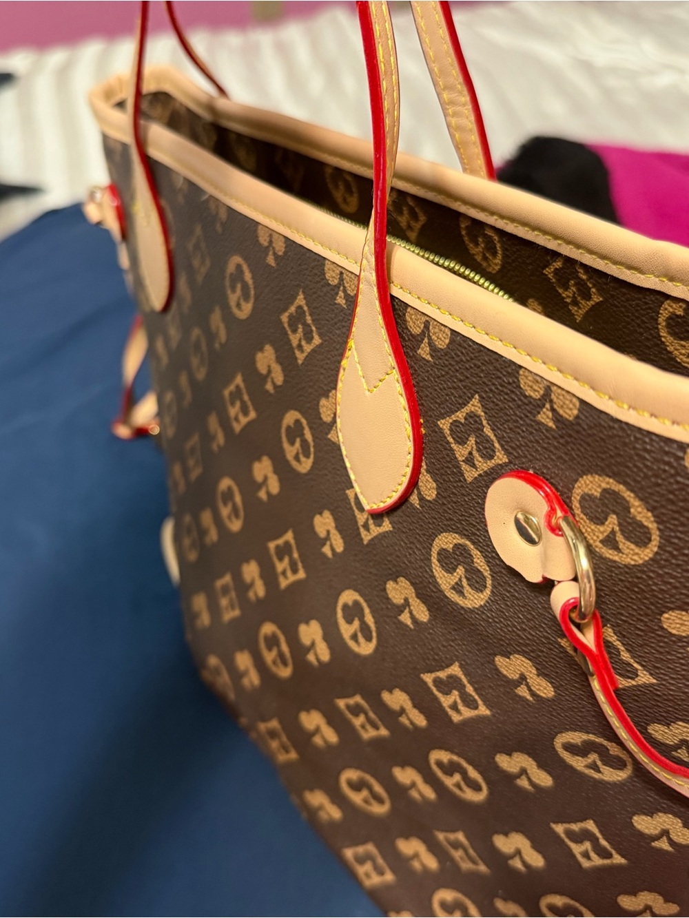 Brown Monogram Tote with Red-Trim Handles
